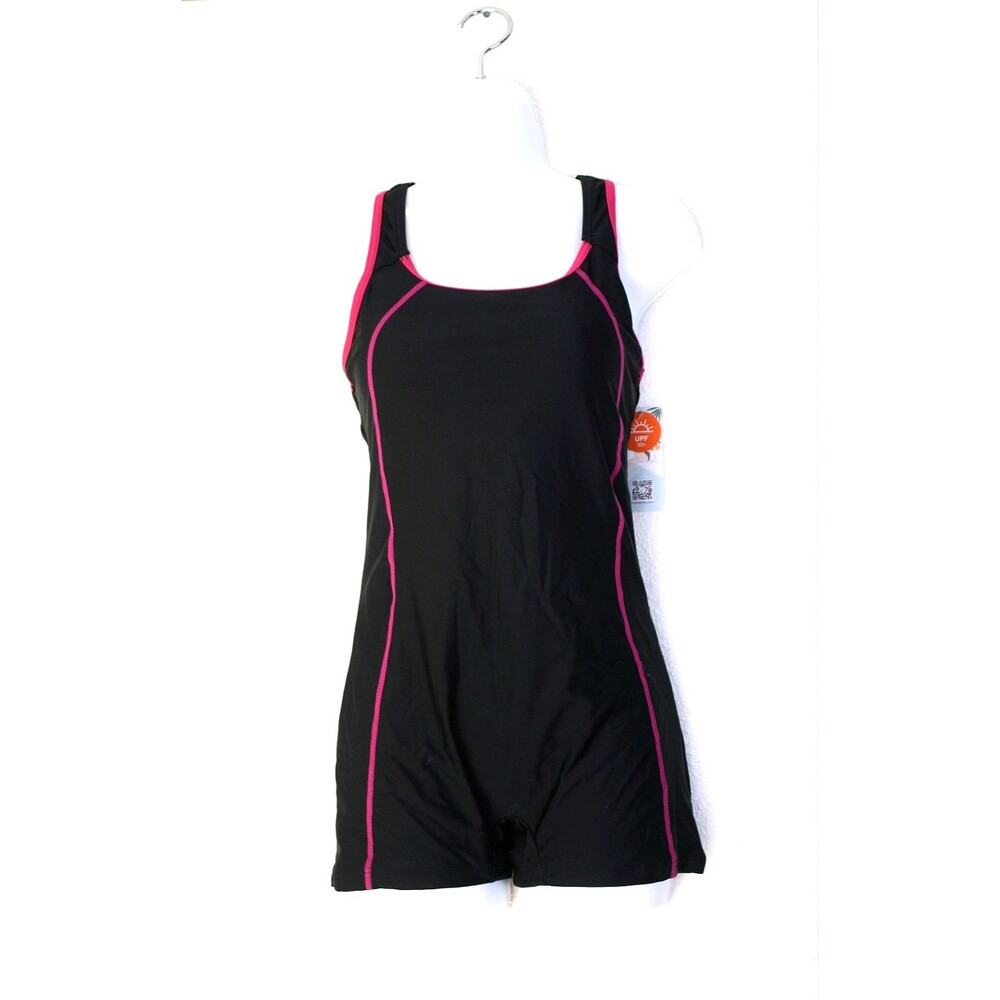 NWT MY CHARMO 1 Pc Swimsuit Flyback Shorts Black /Magenta Trim UPF 50+ ~ S  #02